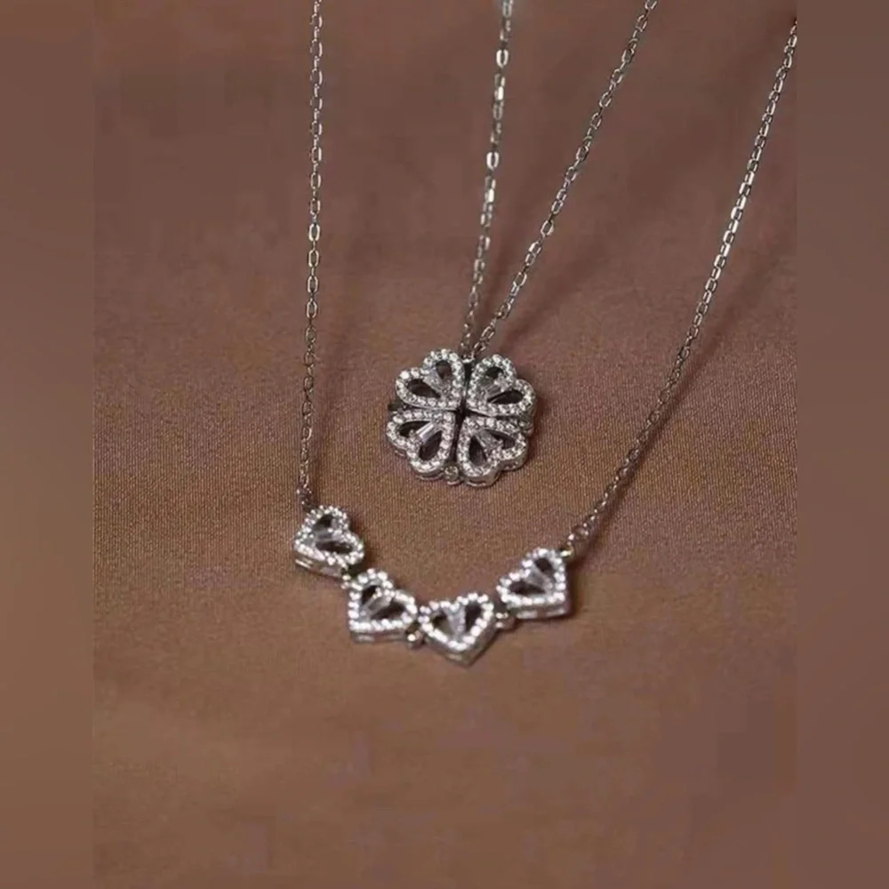 Silver‎ Tone Heart and Clover Necklace Set